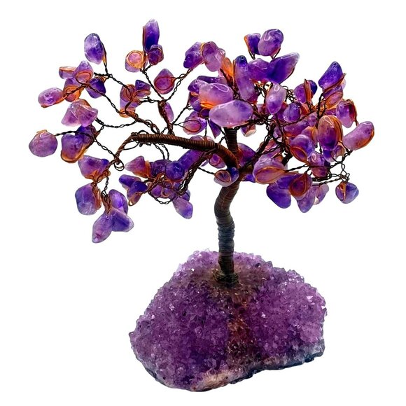 Handmade Amethyst Gemstone Bonsai Tree Of Life W/ Purple Crystal Geode Base - Picture 1 of 8